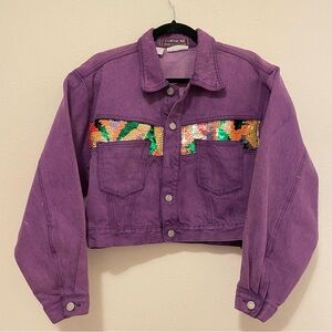 1980s Vintage Corniche Cropped Sequin Purple Denim Jacket Coat Size M